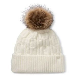Calvin Klein Women`s Faux Fur Cable Knit Pom Pom Beanie